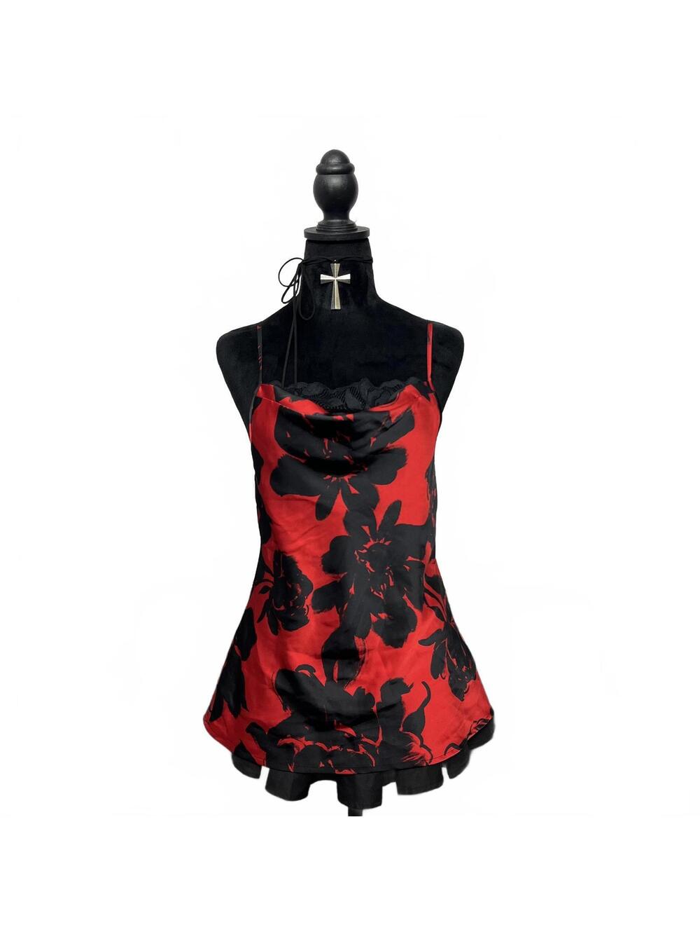 La Vie En Rose Sz S Red & Black Floral Satin Cowl Neck Camisole W Lace Pannel